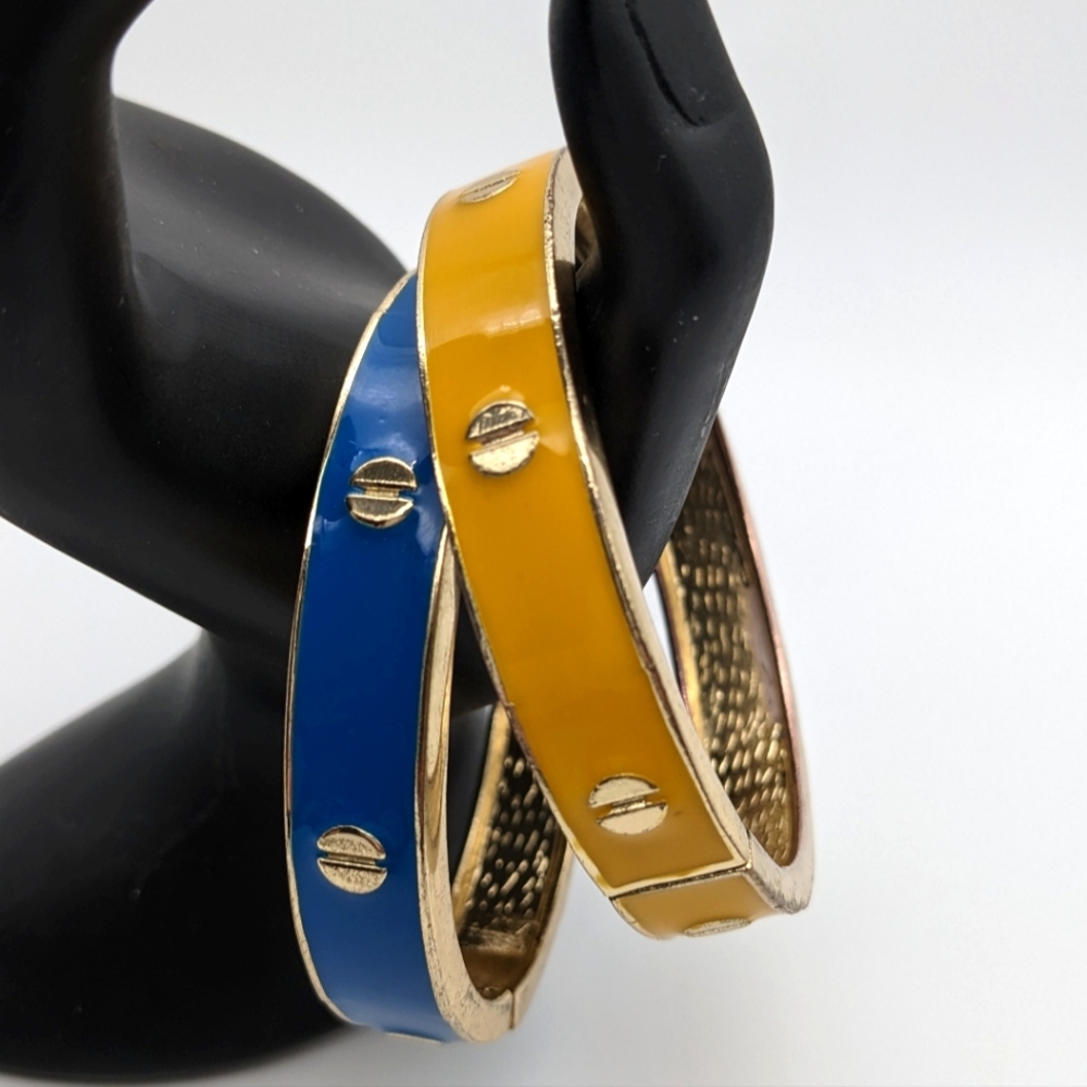 Hinged Bracelets Blue & Yellow Enamel Gold Tone - Picture 2 of 7